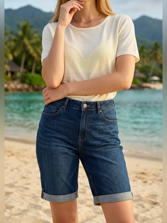 Time and Tru Pants - Time & Tru Dark Blue Rolled-Hem Denim Bermuda Shorts